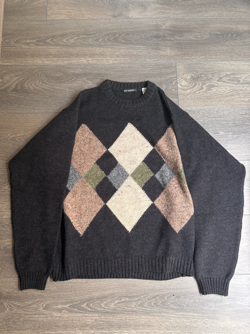 Holt Renfrew Argyle Crewneck Sweater in Black with Cream and Brown Accents